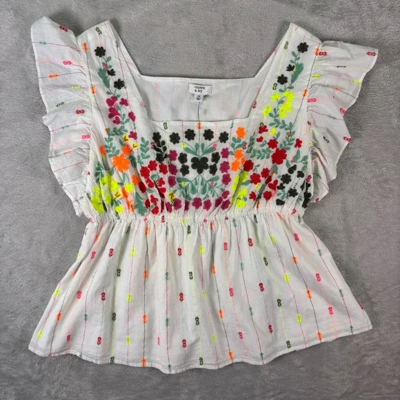 NWT Crown & Ivy Womens Embroidered Flutter Sleeve Peplum Top 1X White Multicolor - Picture 6 of 9